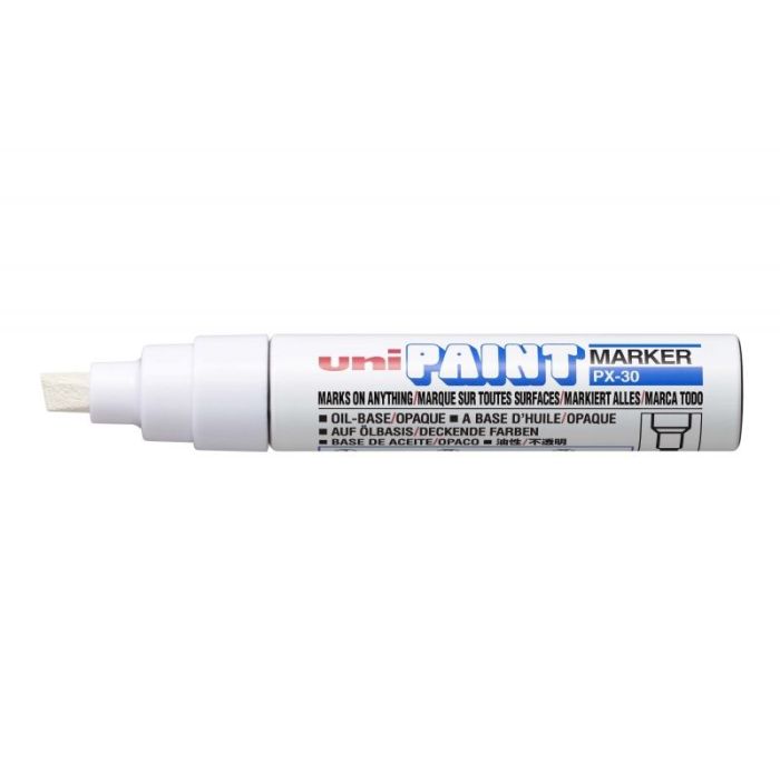 Uni-ball PX-30 Marcador de Pintura - Punta Biselada Acrilica 4-8.5mm - Linea Gruesa - Cuerpo de Aluminio - Tinta Permanente Resistente a Luz y Agua - Color Blanco