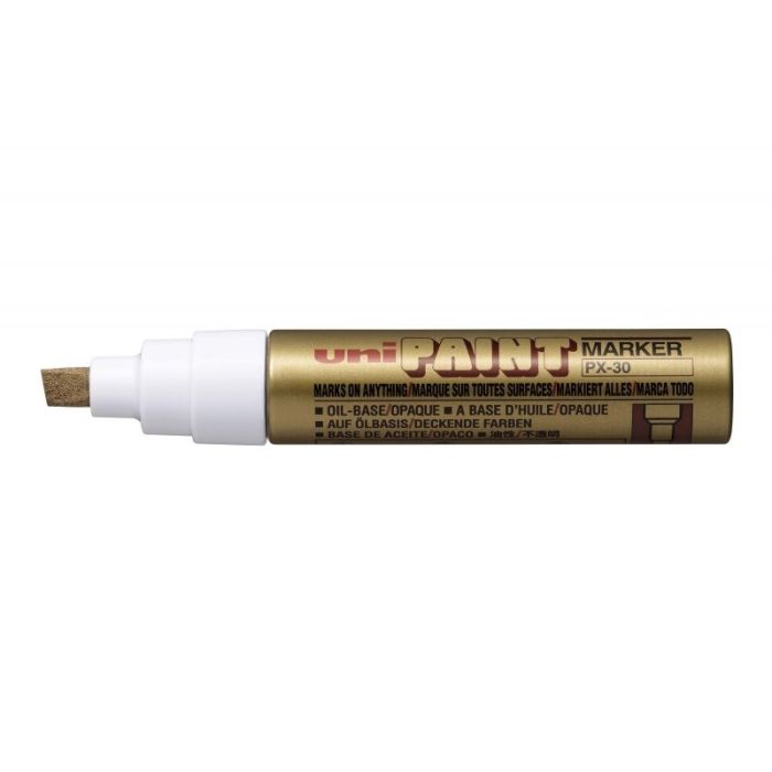 Uni-ball PX-30 Marcador de Pintura - Punta Biselada Acrilica 4-8.5mm - Linea Gruesa - Cuerpo de Aluminio - Tinta Permanente Resistente a Luz y Agua - Color Oro