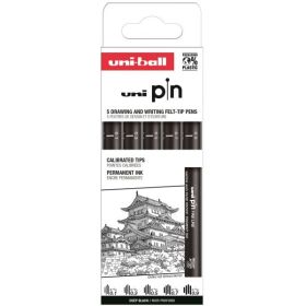 Uni-ball Uni Pin Clasico I Pack de 5 de Rotuladores Calibrados - Punta Poliacetal - Tinta Pigmentada Resistente al Agua y Luz - Color Negro