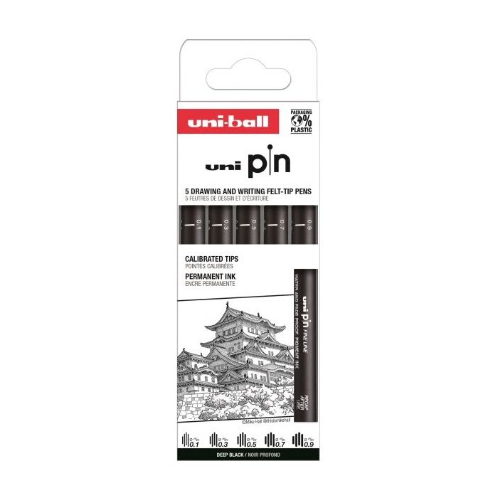 Uni-ball Uni Pin Clasico I Pack de 5 de Rotuladores Calibrados - Punta Poliacetal - Tinta Pigmentada Resistente al Agua y Luz - Color Negro