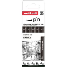 Uni-ball Uni Pin Clasico II Pack de 5 de Rotuladores Calibrados - Punta Poliacetal - Tinta Pigmentada Resistente al Agua y Luz - Color Negro