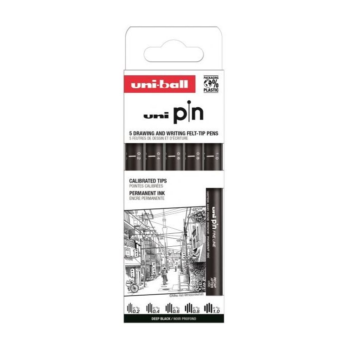 Uni-ball Uni Pin Clasico II Pack de 5 de Rotuladores Calibrados - Punta Poliacetal - Tinta Pigmentada Resistente al Agua y Luz - Color Negro