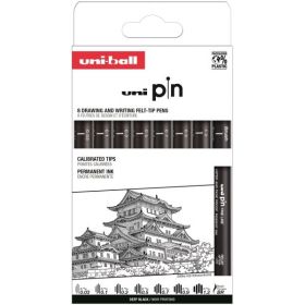 Uni-ball Uni Pin Clasico I Pack de 8 Rotuladores Calibrados - Punta Poliacetal - Tinta Pigmentada Resistente al Agua y Luz - Color Negro