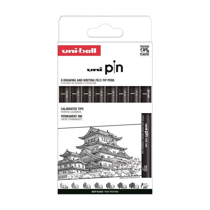 Uni-ball Uni Pin Clasico I Pack de 8 Rotuladores Calibrados - Punta Poliacetal - Tinta Pigmentada Resistente al Agua y Luz - Color Negro
