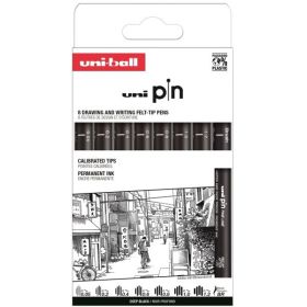 Uni-ball Uni Pin Clasico II Pack de 8 Rotuladores Calibrados - Punta Poliacetal - Tinta Pigmentada Resistente al Agua y Luz - Color Negro