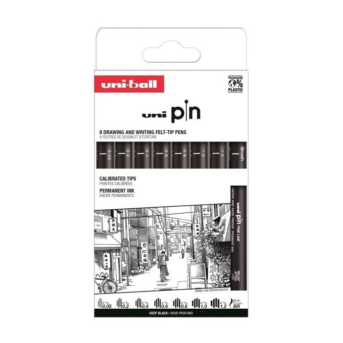 Uni-ball Uni Pin Clasico II Pack de 8 Rotuladores Calibrados - Punta Poliacetal - Tinta Pigmentada Resistente al Agua y Luz - Color Negro