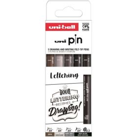 Uni-ball Uni Pin Lettering Pack de 5 Rotuladores Calibrados - Punta Poliacetal - Tinta Pigmentada Resistente al Agua y Luz - Colores Surtidos
