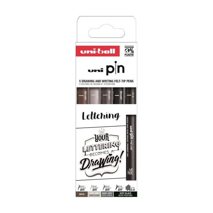 Uni-ball Uni Pin Lettering Pack de 5 Rotuladores Calibrados - Punta Poliacetal - Tinta Pigmentada Resistente al Agua y Luz - Colores Surtidos