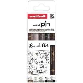 Uni-ball Uni Pin Brush Art Pack de 5 Rotuladores Calibrados - Punta Poliacetal - Tinta Pigmentada Resistente al Agua y a la Luz - Colores Surtidos