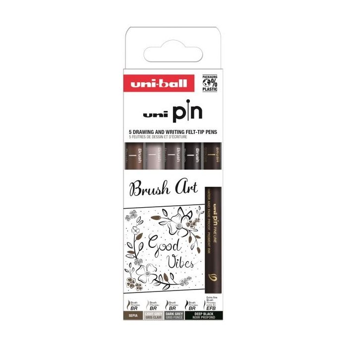 Uni-ball Uni Pin Brush Art Pack de 5 Rotuladores Calibrados - Punta Poliacetal - Tinta Pigmentada Resistente al Agua y a la Luz - Colores Surtidos