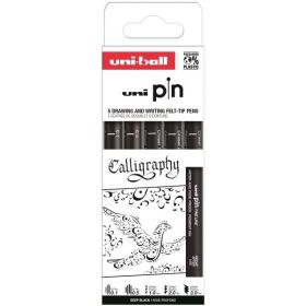 Uni-ball Uni Pin Caligrafia Pack de 5 Rotuladores Calibrados - Tinta Pigmentada Resistente al Agua y Luz - Ideal para Dibujo Profesional y Escritura - Color Negro