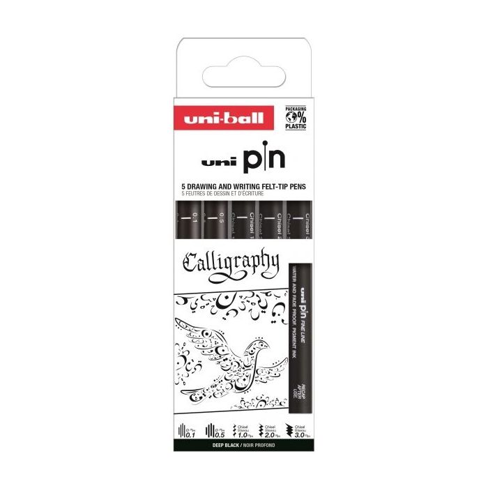 Uni-ball Uni Pin Caligrafia Pack de 5 Rotuladores Calibrados - Tinta Pigmentada Resistente al Agua y Luz - Ideal para Dibujo Profesional y Escritura - Color Negro