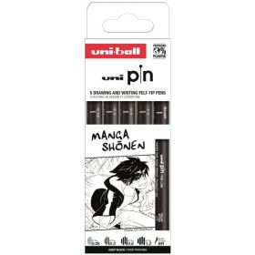Uni-ball Uni Pin Manga Shonen Pack de 5 Rotuladores Calibrados - Punta Poliacetal - Tinta Pigmentada Resistente al Agua y Luz - Color Negro