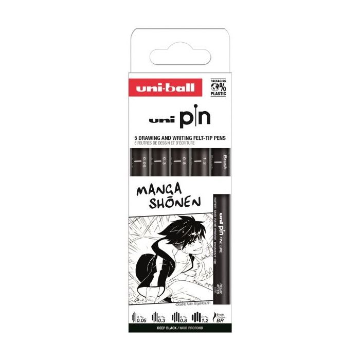 Uni-ball Uni Pin Manga Shonen Pack de 5 Rotuladores Calibrados - Punta Poliacetal - Tinta Pigmentada Resistente al Agua y Luz - Color Negro