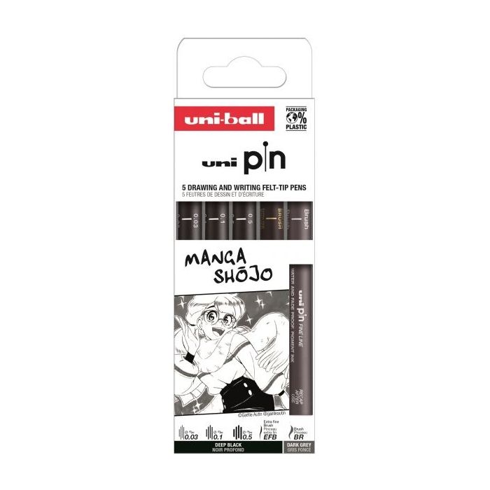 Uni-ball Uni Pin Manga Shojo Pack de 5 Rotuladores Calibrados - Punta Poliacetal - Tinta Pigmentada Resistente al Agua y Luz - Colores Surtidos