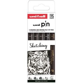 Uni-ball Uni Pin Sketching Pack de 5 Rotuladores Calibrados - Punta Poliacetal - Tinta Pigmentada Resistente al Agua y Luz - Color Negro