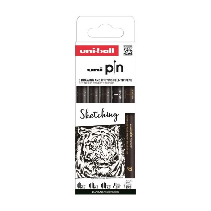 Uni-ball Uni Pin Sketching Pack de 5 Rotuladores Calibrados - Punta Poliacetal - Tinta Pigmentada Resistente al Agua y Luz - Color Negro