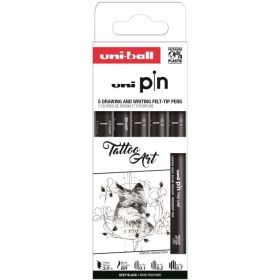 Uni-ball Uni Pin Tattoo Art Pack de 5 Rotuladores Calibrados - Punta Poliacetal - Tinta Pigmentada Resistente al Agua y Luz - Color Negro