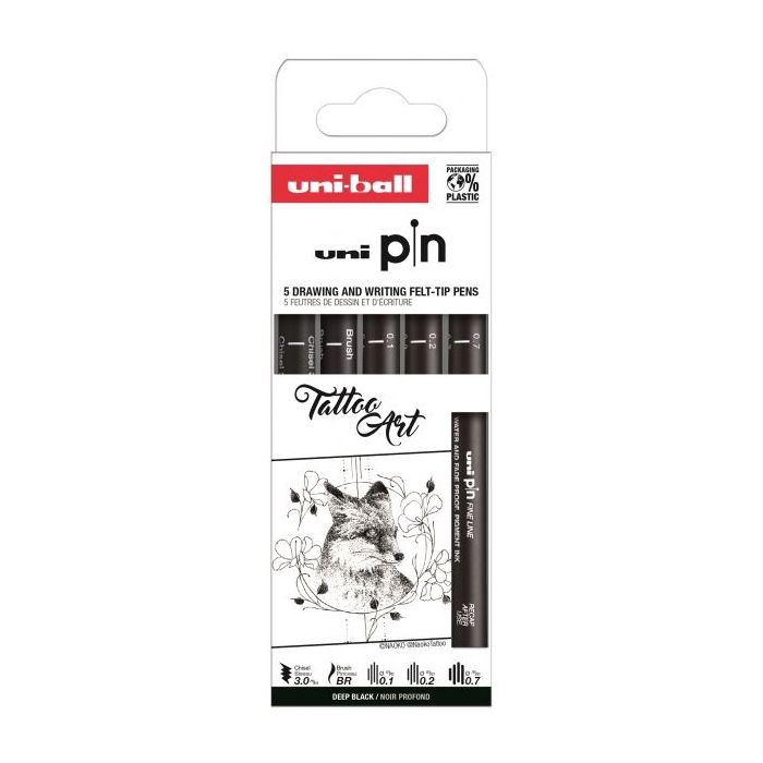 Uni-ball Uni Pin Tattoo Art Pack de 5 Rotuladores Calibrados - Punta Poliacetal - Tinta Pigmentada Resistente al Agua y Luz - Color Negro