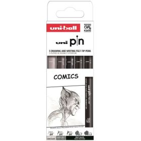 Uni-ball Uni Pin Comics Pack de 5 Rotuladores Calibrados - Punta Poliacetal - Tinta Pigmentada Resistente al Agua y Luz - Colores y Grosores Surtidos