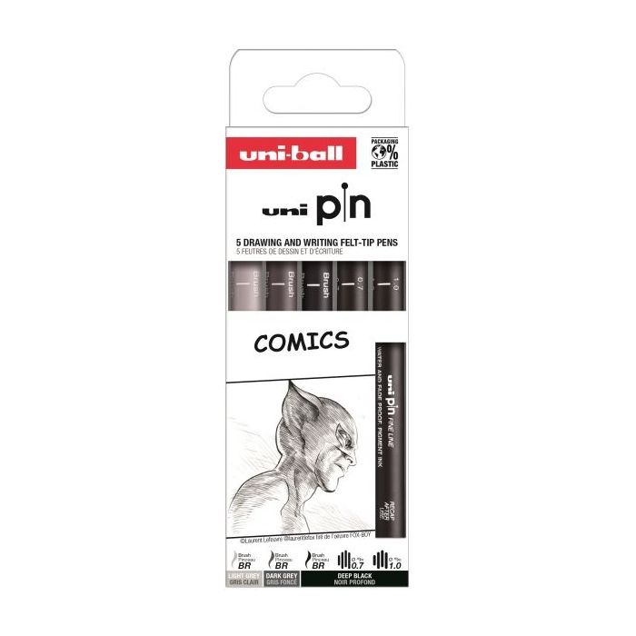 Uni-ball Uni Pin Comics Pack de 5 Rotuladores Calibrados - Punta Poliacetal - Tinta Pigmentada Resistente al Agua y Luz - Colores y Grosores Surtidos