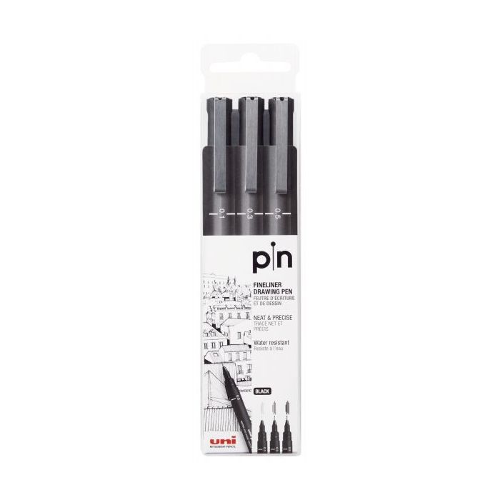Uni-ball Uni Pin 200S Pack de 3 Rotuladores Calibrados - Punta Poliacetal - Tinta Pigmentada Resistente al Agua y Luz - Ideal para Dibujo Profesional y Escritura - Color Negro