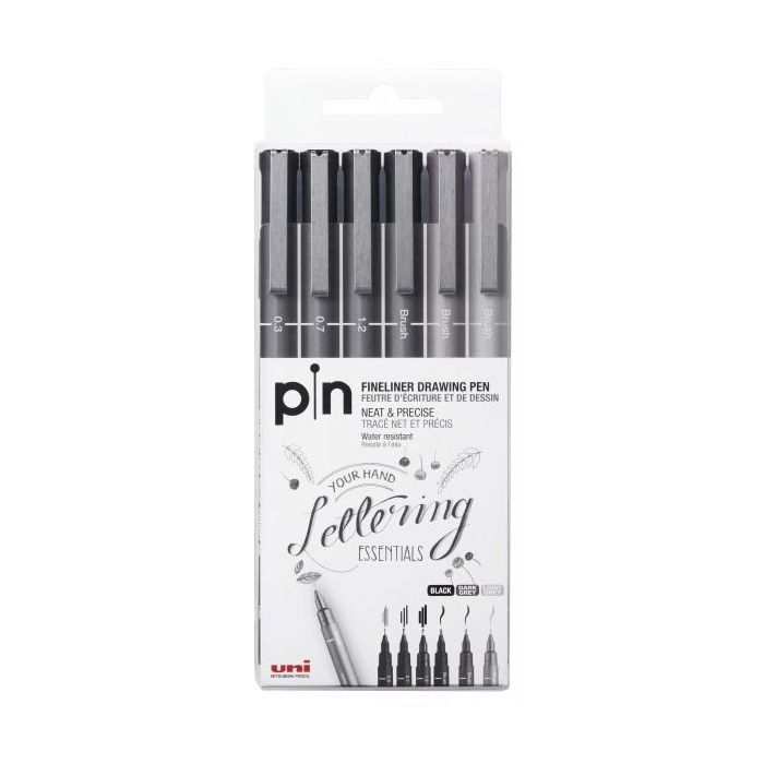Uni-ball Uni Pin 200S Pack de 6 Rotuladores Calibrados - Punta Poliacetal - Tinta Pigmentada Resistente al Agua y Luz - Ideal para Dibujo Profesional y Escritura - Colores Negro y Gris