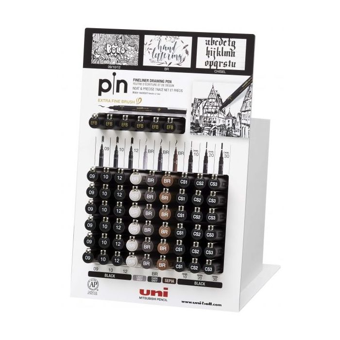 Uni-ball Uni Pin 200S Expositor de 60 Rotuladores Calibrados - Punta Poliacetal - Tinta Pigmentada Resistente al Agua y Luz - Colores y Grosores Surtidos