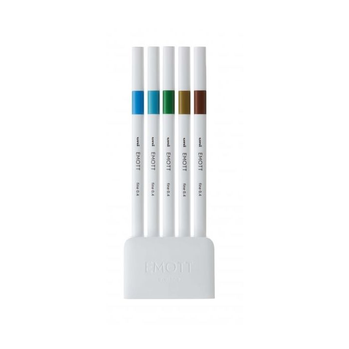 Uni-ball PEM-SY Set Nº4 Emott Island Colors Pack de 5 Rotuladores de Linea Fina - Punta 0.4mm - Tinta a Base de Agua - Diseño Innovador - Ancho de Linea Constante - Colores Surtidos