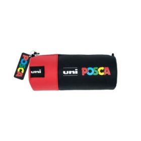 Uni Posca Estuche de Lona 8,5x19,5cm - Ideal para Rotuladores y Utiles Escolares - Cierre de Cremallera - Color Negro/Rojo