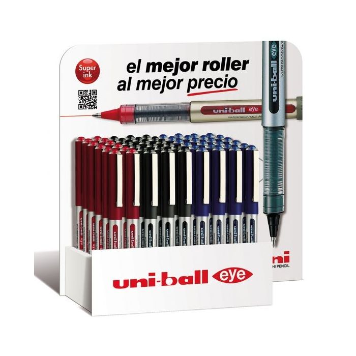 Uni-ball Eye Micro UB-150 Expositor de 54 Boligrafos de Tinta Liquida - Punta de Bola 0.5mm - Tinta Resistente al Agua y Luz - Sistema de Control de Tinta - Ventana de Nivel de Tinta - Color Surtido