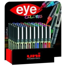 Uni-ball UB-157 Eye Fine Expositor de 54 Boligrafos de Tinta Liquida - Punta de Bola 0.7mm - Tinta Resistente al Agua y Luz - Sistema de Control de Tinta - Ventana de Nivel de Tinta - Colores Surtidos