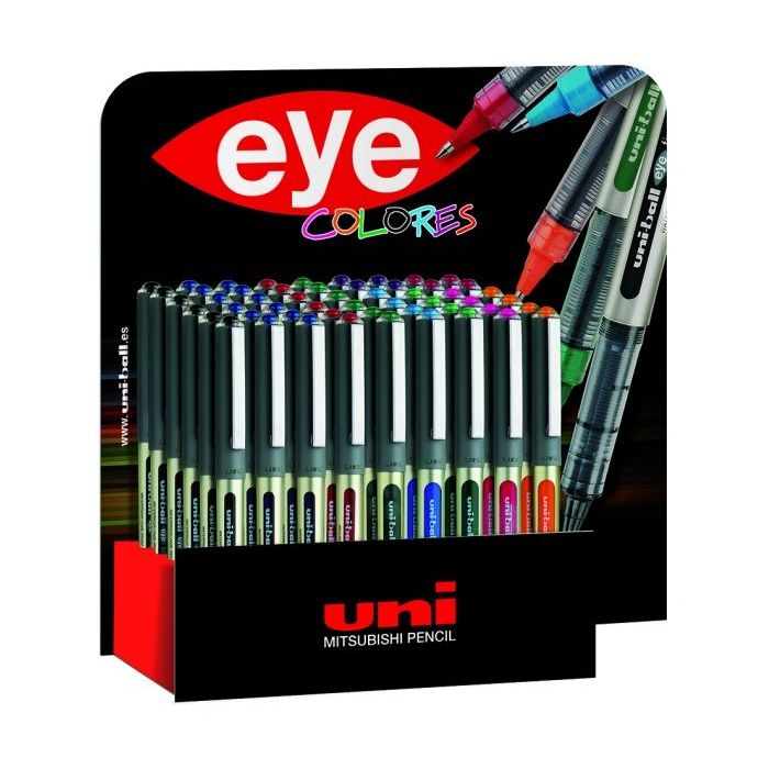 Uni-ball UB-157 Eye Fine Expositor de 54 Boligrafos de Tinta Liquida - Punta de Bola 0.7mm - Tinta Resistente al Agua y Luz - Sistema de Control de Tinta - Ventana de Nivel de Tinta - Colores Surtidos