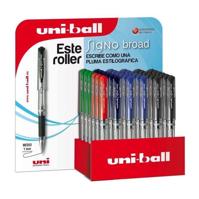 Uni-ball Signo Broad UM-153/3D Expositor de 36 Rollers de Tinta Gel - Punta de Bola 1mm - Trazo Estilo Pluma - Sujecion de Caucho - Color Surtido