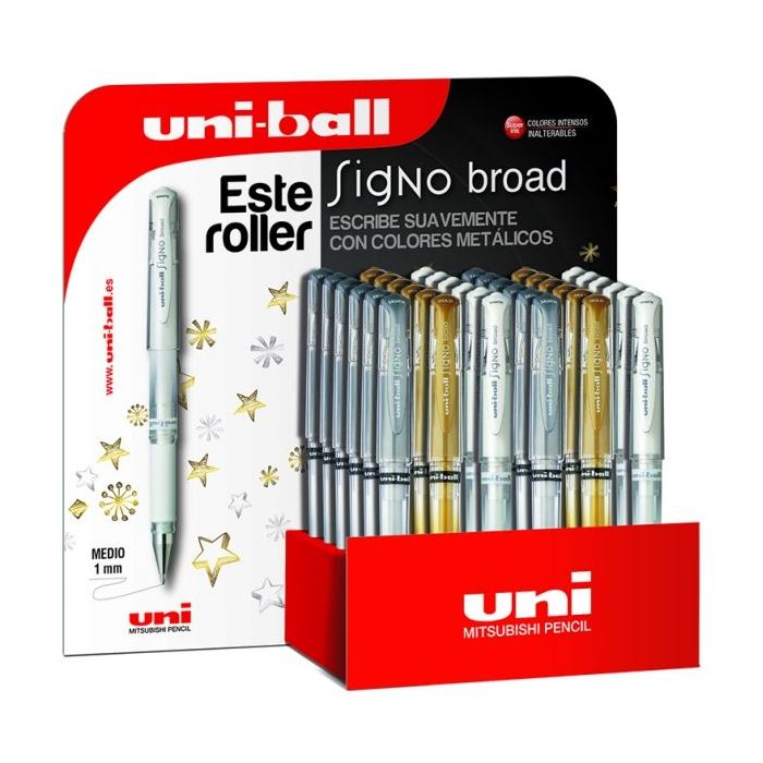Uni-ball Signo Broad UM-153 Expositor de 36 Rollers de Tinta Gel - Punta de Bola 1mm - Trazo Estilografico - Sujecion de Caucho - Color Surtido
