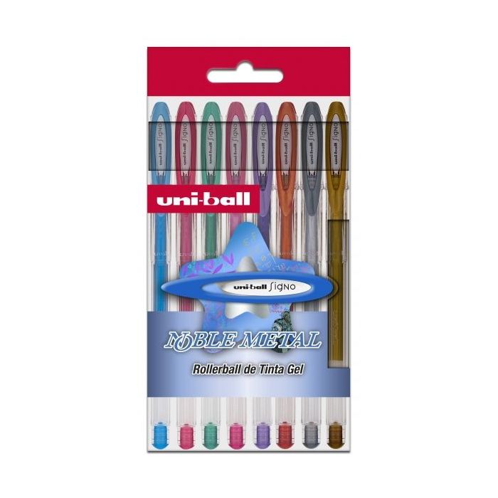 Uni-ball UM-120 NM Signo Noble Metal Estuche de 8 Rollers de Tinta Gel - Punta de Bola 0.8mm - Tinta Resistente al Agua y Luz - Escribe en Papel Negro y Blanco - Color Surtido
