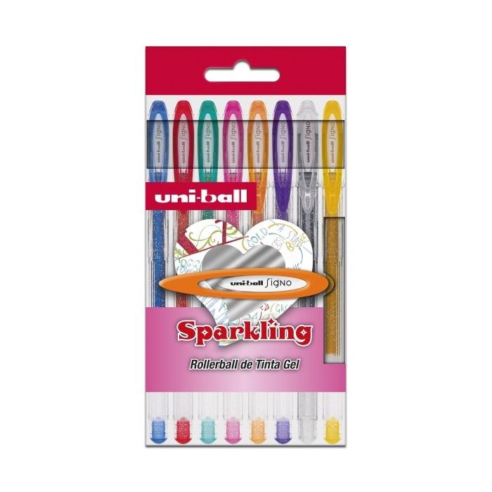 Uni-ball UM-120 SP Signo Sparkling Estuche de 8 Rollers de Tinta Gel - Punta de Bola 1mm - Tinta Pigmentada Resistente al Agua y Luz - Color Surtido