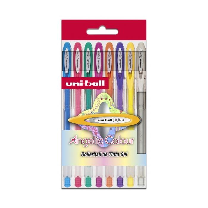 Uni-ball Signo Angelic Pack de 8 Rollers de Tinta Gel - Punta de Bola 0.7mm - Tinta Resistente al Agua y Luz - Escribe en Papel Negro y Blanco - Colores Surtidos