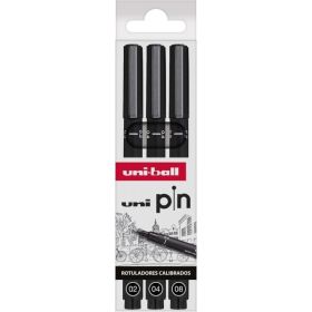 Uni-ball PIN 02/04/08 Pack de 3 Rotuladores Calibrados - Punta Poliacetal - Tinta Pigmentada Resistente al Agua y Luz - Color Negro