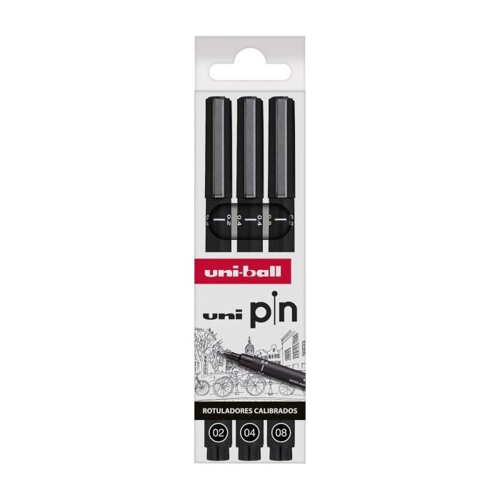 Uni-ball PIN 02/04/08 Pack de 3 Rotuladores Calibrados - Punta Poliacetal - Tinta Pigmentada Resistente al Agua y Luz - Color Negro