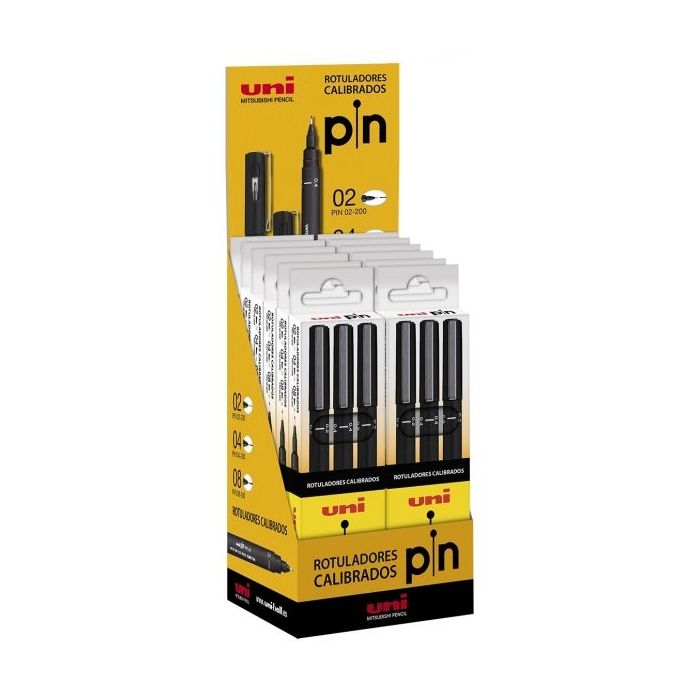 Uni-ball PIN0X-200/12 Expositor de 12 Estuches de Rotuladores Calibrados - Punta Poliacetal - Tinta Pigmentada Resistente al Agua y Luz - Ideal para Dibujo Profesional y Escritura - Color Surtido