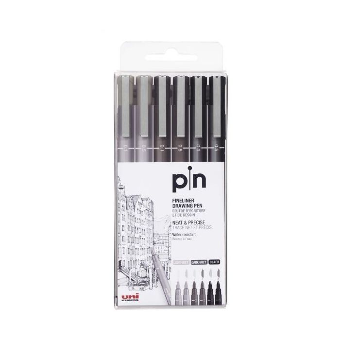 Uni-ball PIN-200(S) Pack de 6 Rotuladores Calibrados - Punta Poliacetal - Tinta Pigmentada Resistente al Agua y Luz - Ideal para Dibujo Profesional y Escritura - Color Surtido