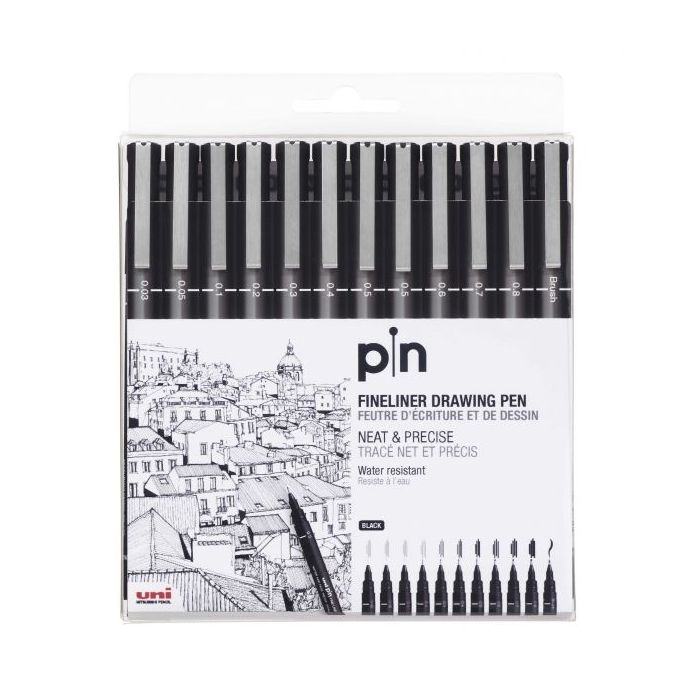 Uni-ball PIN-200(S) Pack de 12 Rotuladores Calibrados - Punta Poliacetal - Tinta Pigmentada Resistente al Agua y Luz - Color Negro