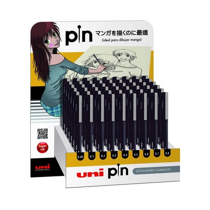 Uni-ball PIN Expositor de 54 Rotuladores Calibrados - Punta Poliacetal - Tinta Pigmentada Resistente al Agua y Luz - Color Surtido