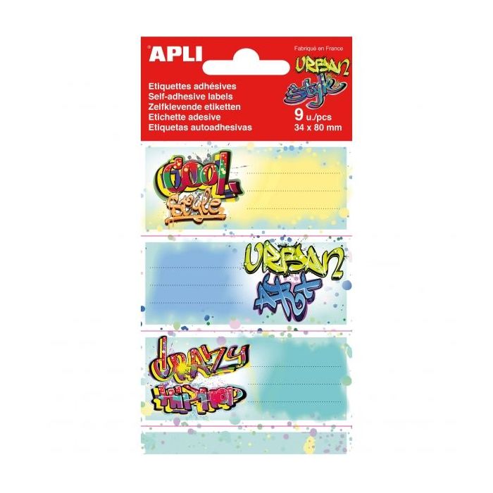 Apli Pack de 9 Etiquetas Escolares Modelo Grafitis - Tamaño 81x36mm - Adhesivo Permanente - Ideales para Marcar e Identificar Libros, Cuadernos, Carpetas etc...