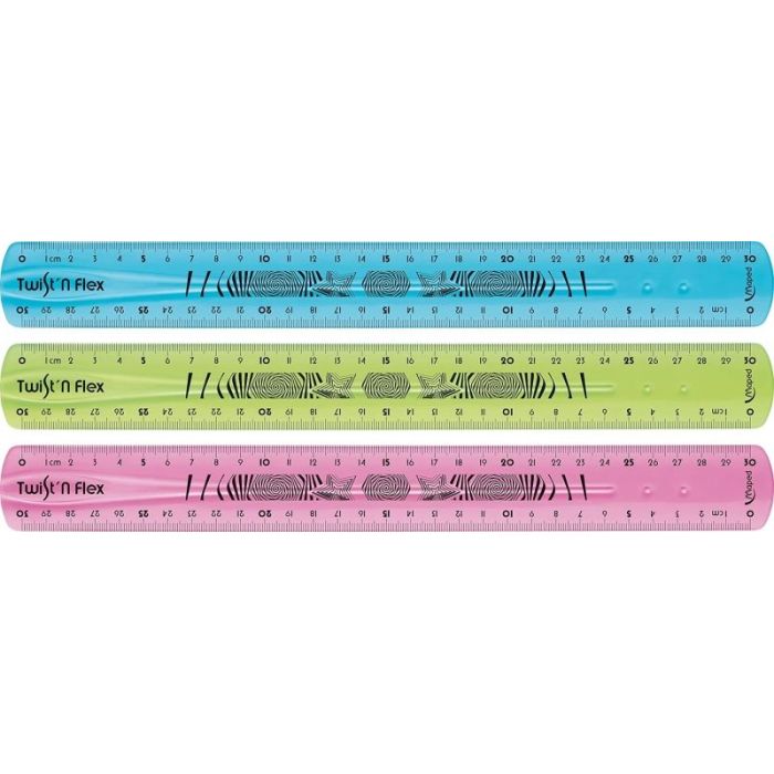 Maped Twist´n Flex Regla de Flexible 30cm - Irrompible - Doble Graduacion - Colores Aleatorios Azul, Rosa y Verde