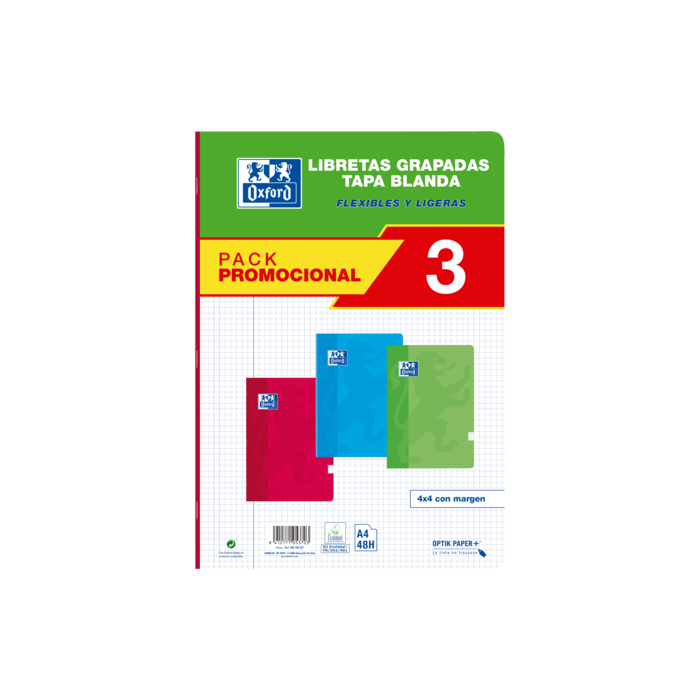 Oxford School Classic Pack 3 - Libreta Grapada A4 - Tapa Blanda - 4x4 con Margen - 48 Hojas - 3 Colores