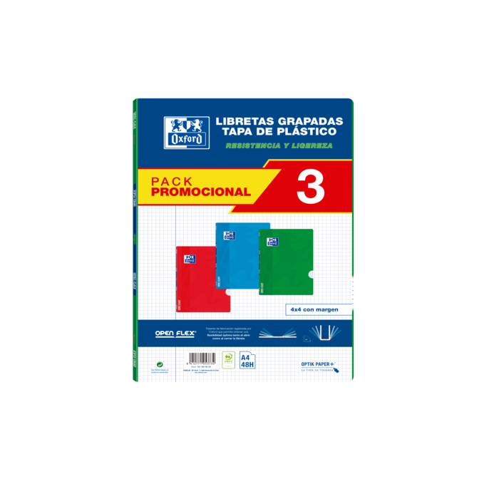 Oxford School Classic Pack 3 - Libreta Grapada Openflex - Tapa de Plastico A4 - 4x4 con Margen - 48 Hojas - 3 Colores