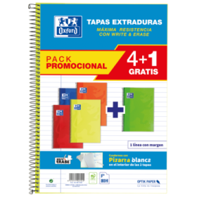 Oxford School Classic Write-Erase Pack 4+1 Fº - Cuaderno Espiral - Tapa Extradura - 1 Linea con Margen - 80 Hojas - Colores Surtidos