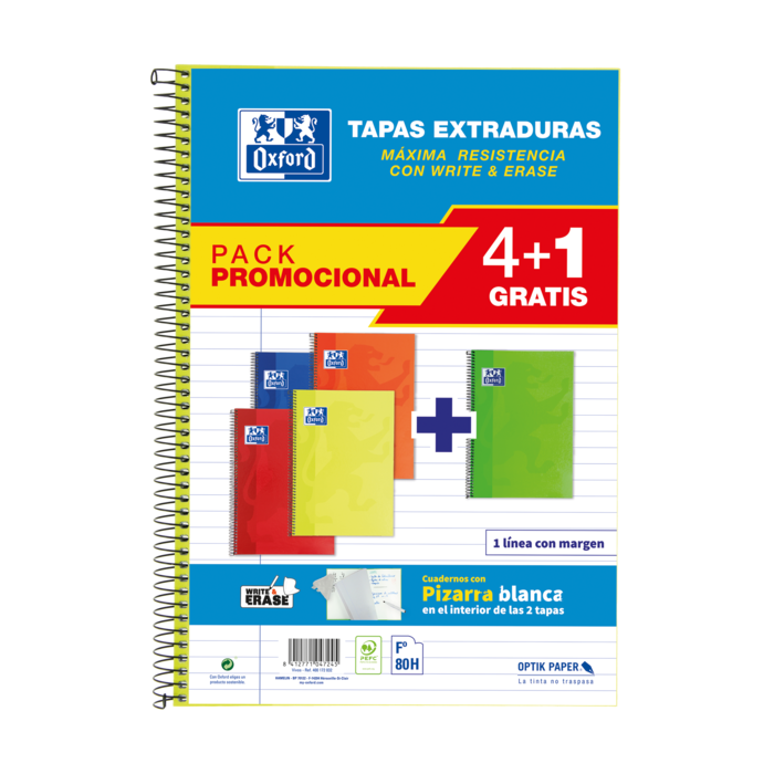 Oxford School Classic Write-Erase Pack 4+1 Fº - Cuaderno Espiral - Tapa Extradura - 1 Linea con Margen - 80 Hojas - Colores Surtidos